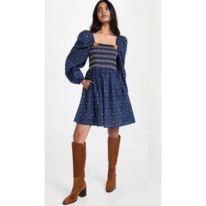 Figue Peony Kizzy Mini Dress Smocked Pom Pom Bandana Print Blue Small